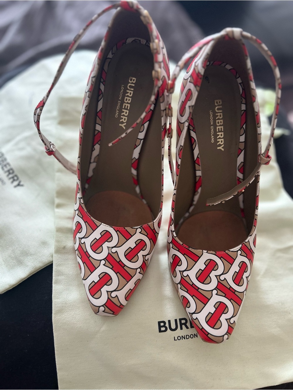 Burberry Red White TB Monogram Pointed Ankle-Strap Heels